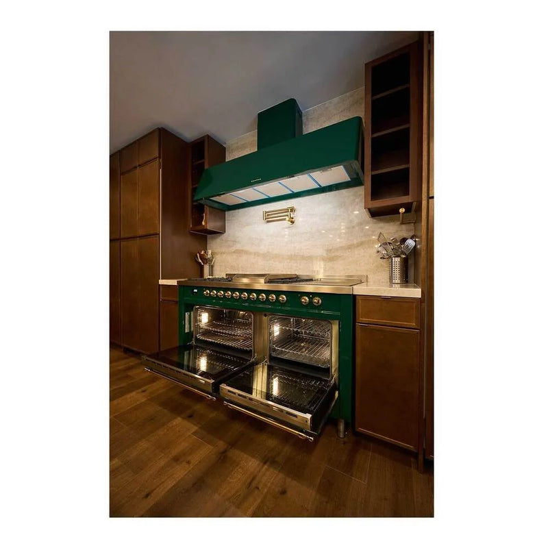 ILVE Nostalgie II 60" Dual Fuel Freestanding Range in Emerald Green with Brass Trim, UP60FSNMPEGGLP