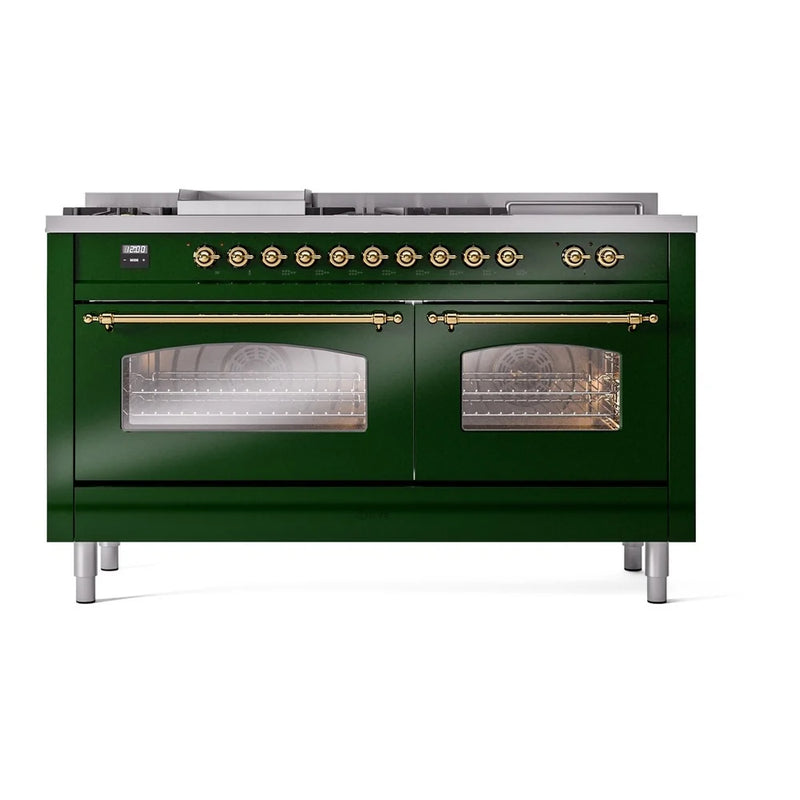 ILVE Nostalgie II 60" Dual Fuel Freestanding Range in Emerald Green with Brass Trim, UP60FSNMPEGGLP