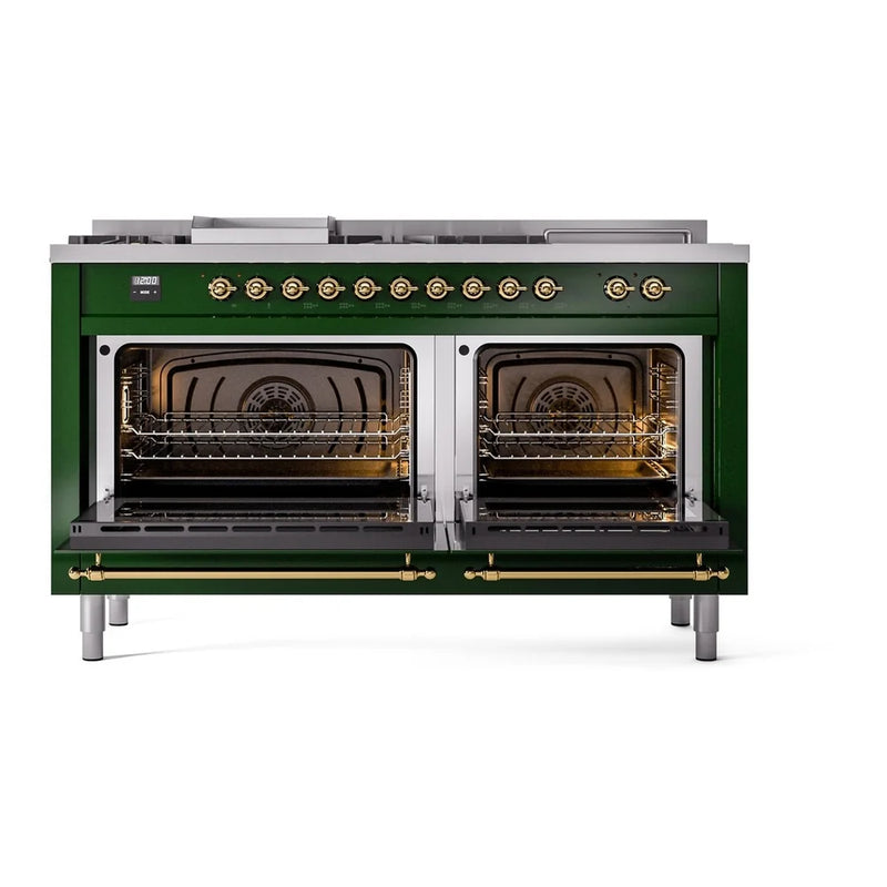 ILVE Nostalgie II 60" Dual Fuel Freestanding Range in Emerald Green with Brass Trim, UP60FSNMPEGGLP