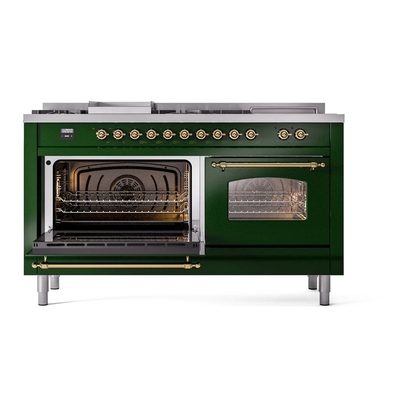 ILVE Nostalgie II 60" Dual Fuel Freestanding Range in Emerald Green with Brass Trim, UP60FSNMPEGGLP