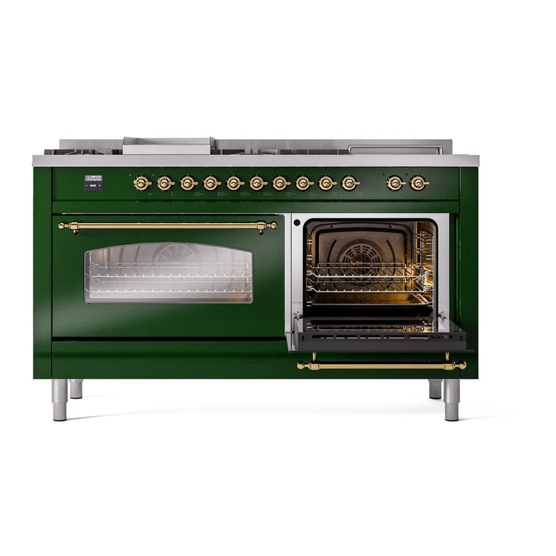 ILVE Nostalgie II 60" Dual Fuel Freestanding Range in Emerald Green with Brass Trim, UP60FSNMPEGGLP