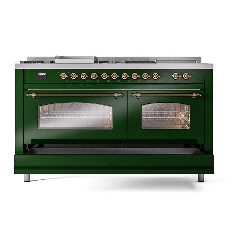 ILVE Nostalgie II 60" Dual Fuel Freestanding Range in Emerald Green with Brass Trim, UP60FSNMPEGGLP