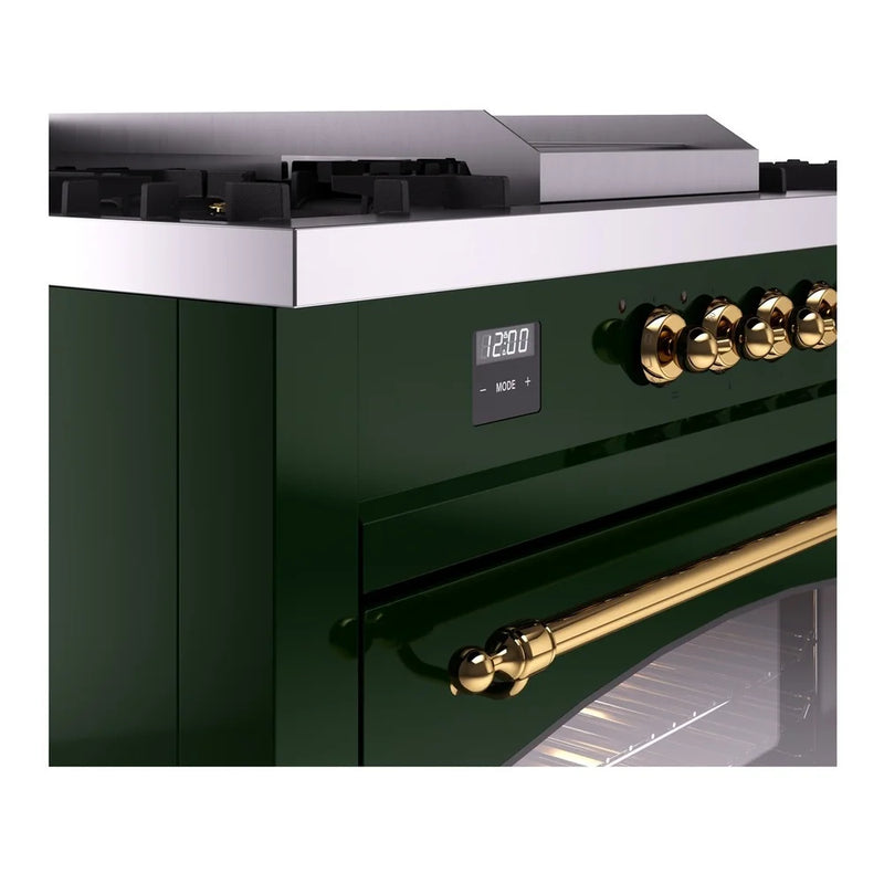 ILVE Nostalgie II 60" Dual Fuel Freestanding Range in Emerald Green with Brass Trim, UP60FSNMPEGGLP