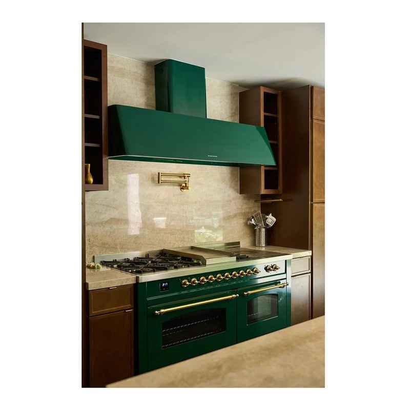 ILVE Nostalgie II 60" Dual Fuel Freestanding Range in Emerald Green with Brass Trim, UP60FSNMPEGG
