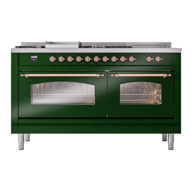 ILVE Nostalgie II 60" Dual Fuel Freestanding Range in Emerald Green with Copper Trim, UP60FSNMPEGPLP