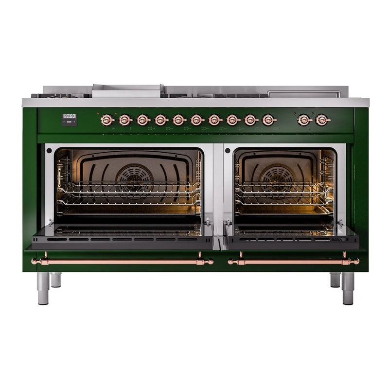 ILVE Nostalgie II 60" Dual Fuel Freestanding Range in Emerald Green with Copper Trim, UP60FSNMPEGPLP