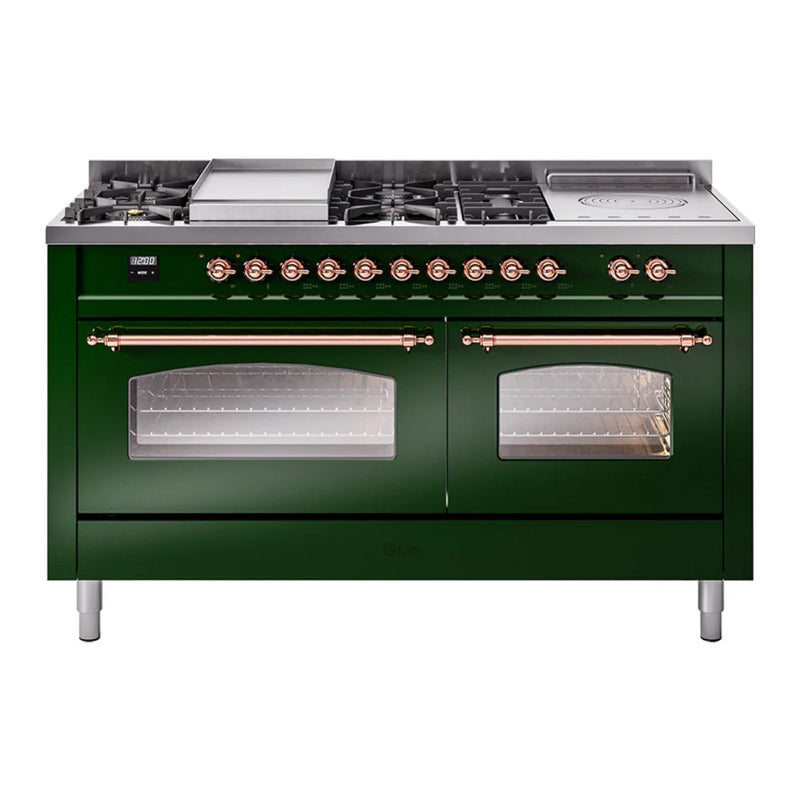 ILVE Nostalgie II 60" Dual Fuel Freestanding Range in Emerald Green with Copper Trim, UP60FSNMPEGP
