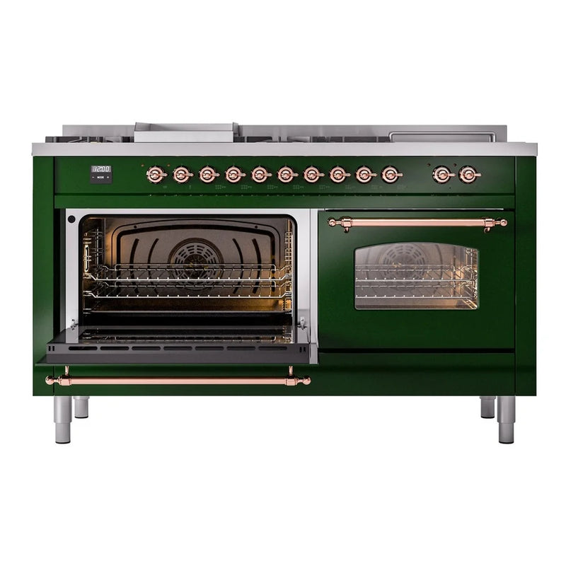 ILVE Nostalgie II 60" Dual Fuel Freestanding Range in Emerald Green with Copper Trim, UP60FSNMPEGP