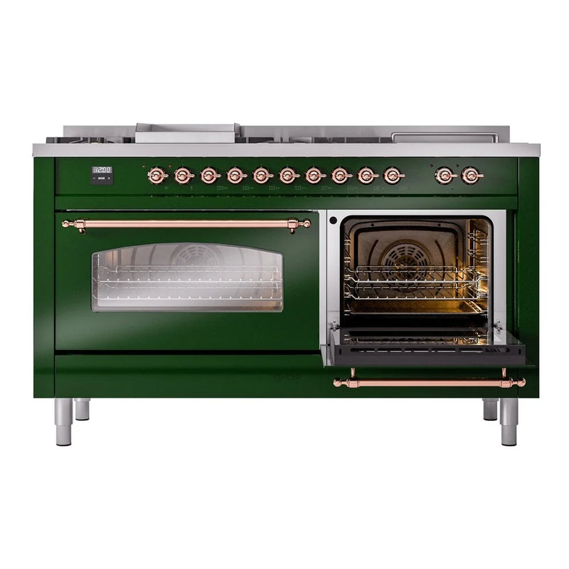 ILVE Nostalgie II 60" Dual Fuel Freestanding Range in Emerald Green with Copper Trim, UP60FSNMPEGP