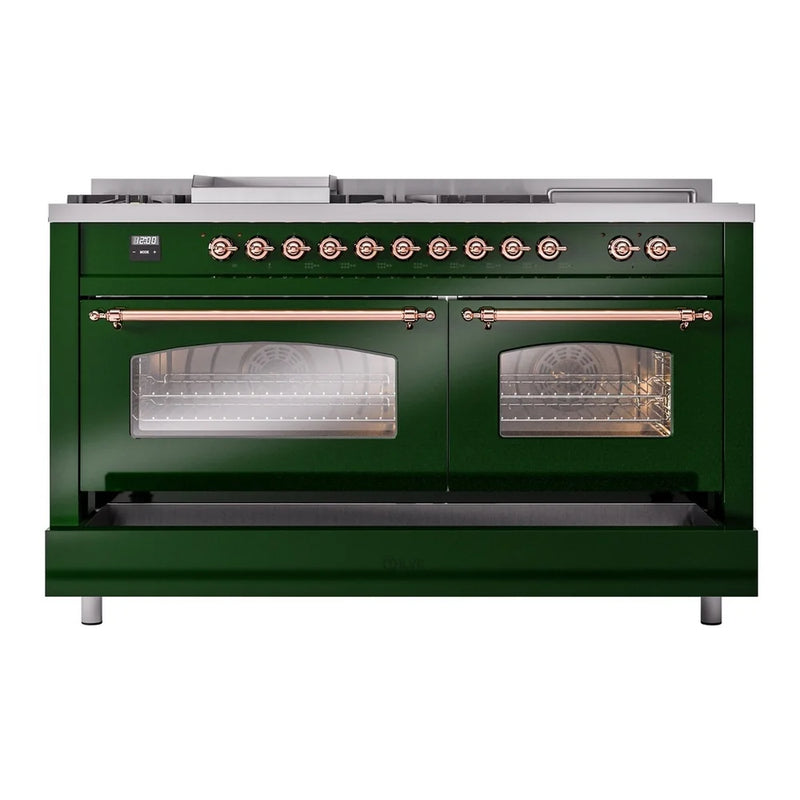 ILVE Nostalgie II 60" Dual Fuel Freestanding Range in Emerald Green with Copper Trim, UP60FSNMPEGP