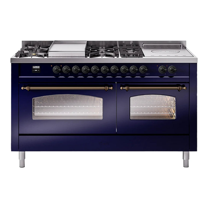 ILVE Nostalgie II 60" Dual Fuel Freestanding Range in Midnight Blue with Burnished Trim, UP60FSNMPMBBLP
