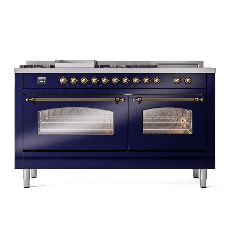 ILVE Nostalgie II 60" Dual Fuel Freestanding Range in Midnight Blue with Burnished Trim, UP60FSNMPMBBLP