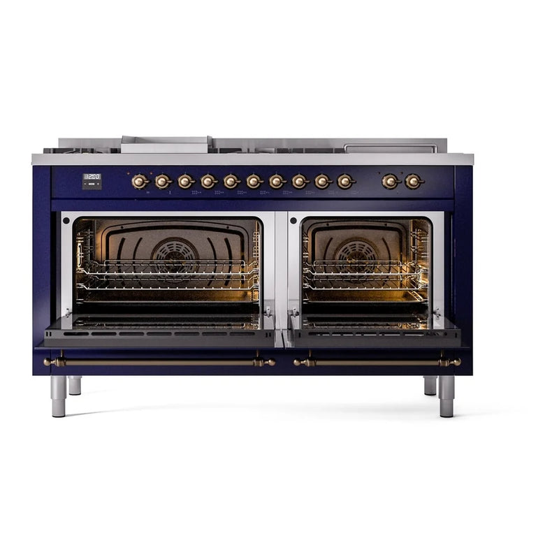 ILVE Nostalgie II 60" Dual Fuel Freestanding Range in Midnight Blue with Burnished Trim, UP60FSNMPMBBLP