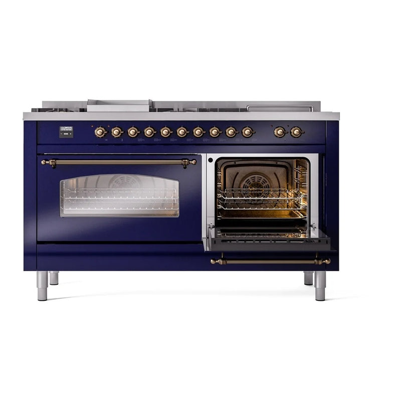 ILVE Nostalgie II 60" Dual Fuel Freestanding Range in Midnight Blue with Burnished Trim, UP60FSNMPMBBLP