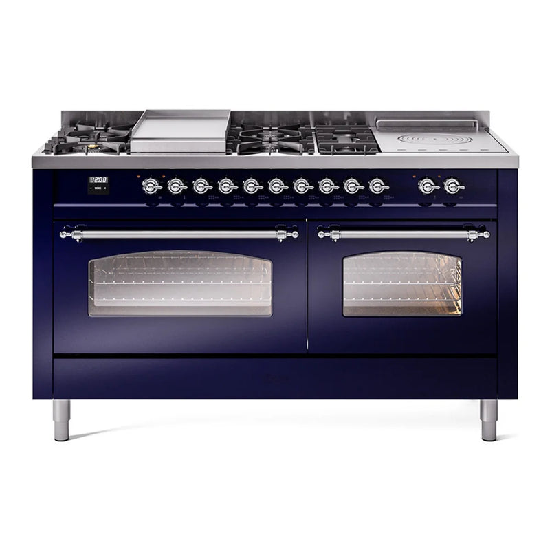 ILVE Nostalgie II 60" Dual Fuel Freestanding Range in Midnight Blue with Chrome Trim, UP60FSNMPMBCLP