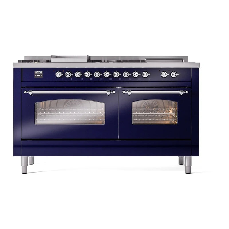 ILVE Nostalgie II 60" Dual Fuel Freestanding Range in Midnight Blue with Chrome Trim, UP60FSNMPMBCLP