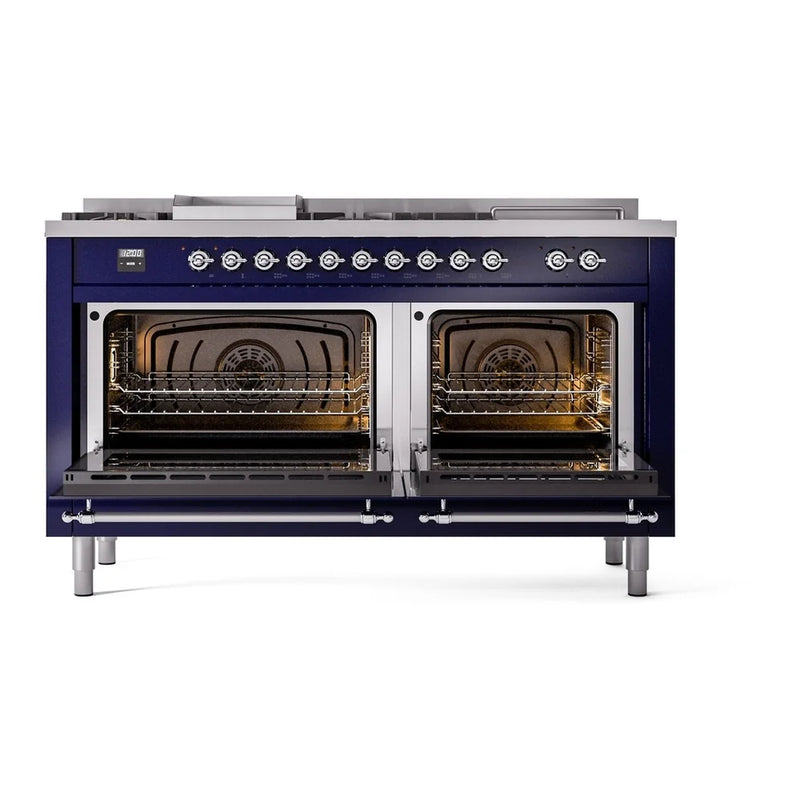 ILVE Nostalgie II 60" Dual Fuel Freestanding Range in Midnight Blue with Chrome Trim, UP60FSNMPMBCLP