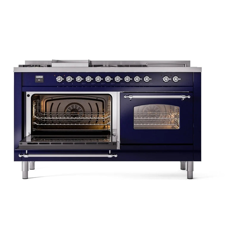 ILVE Nostalgie II 60" Dual Fuel Freestanding Range in Midnight Blue with Chrome Trim, UP60FSNMPMBCLP