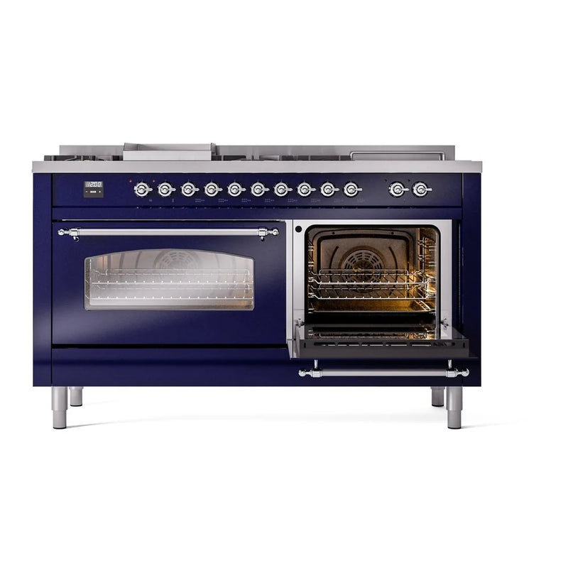 ILVE Nostalgie II 60" Dual Fuel Freestanding Range in Midnight Blue with Chrome Trim, UP60FSNMPMBCLP