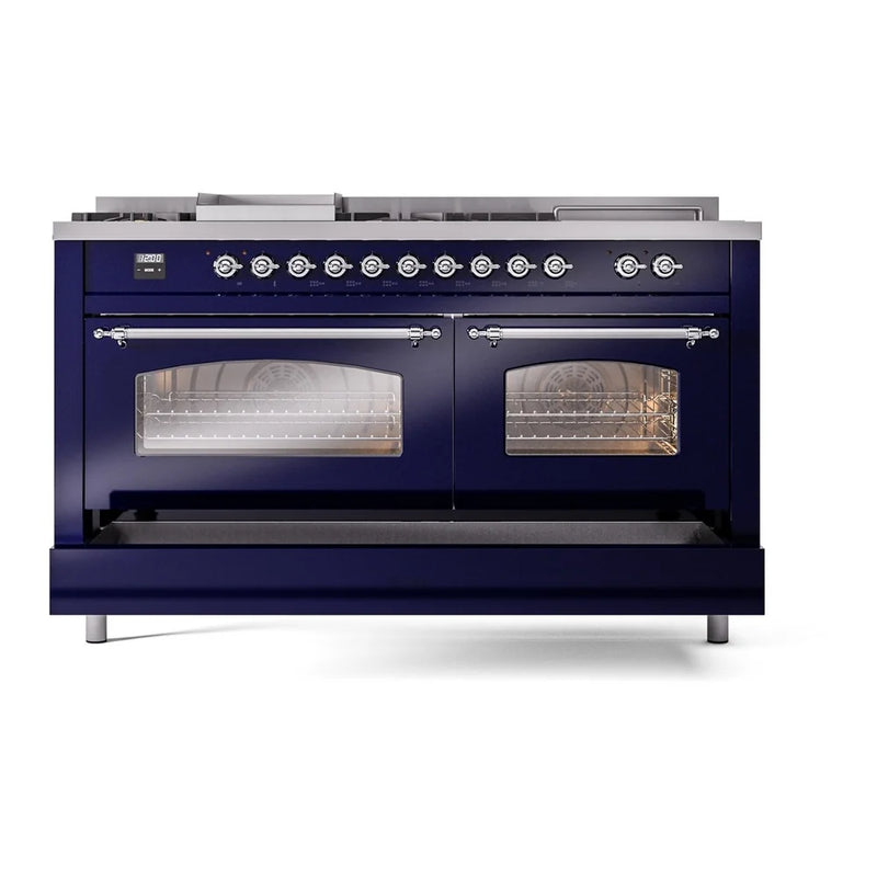 ILVE Nostalgie II 60" Dual Fuel Freestanding Range in Midnight Blue with Chrome Trim, UP60FSNMPMBCLP