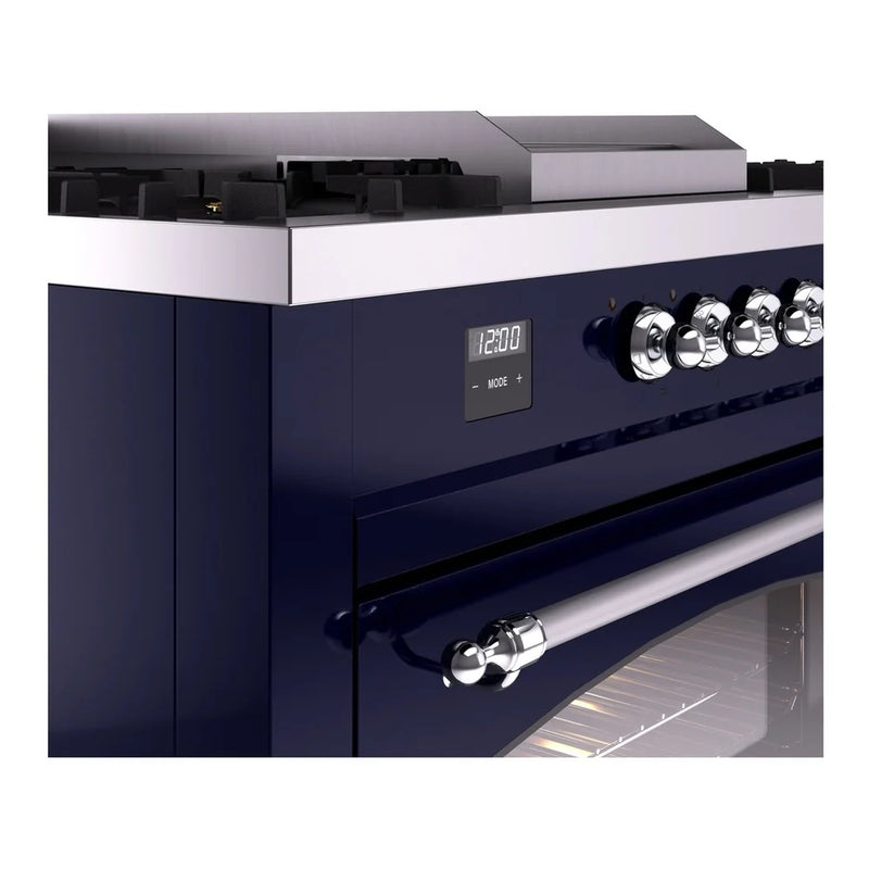 ILVE Nostalgie II 60" Dual Fuel Freestanding Range in Midnight Blue with Chrome Trim, UP60FSNMPMBCLP