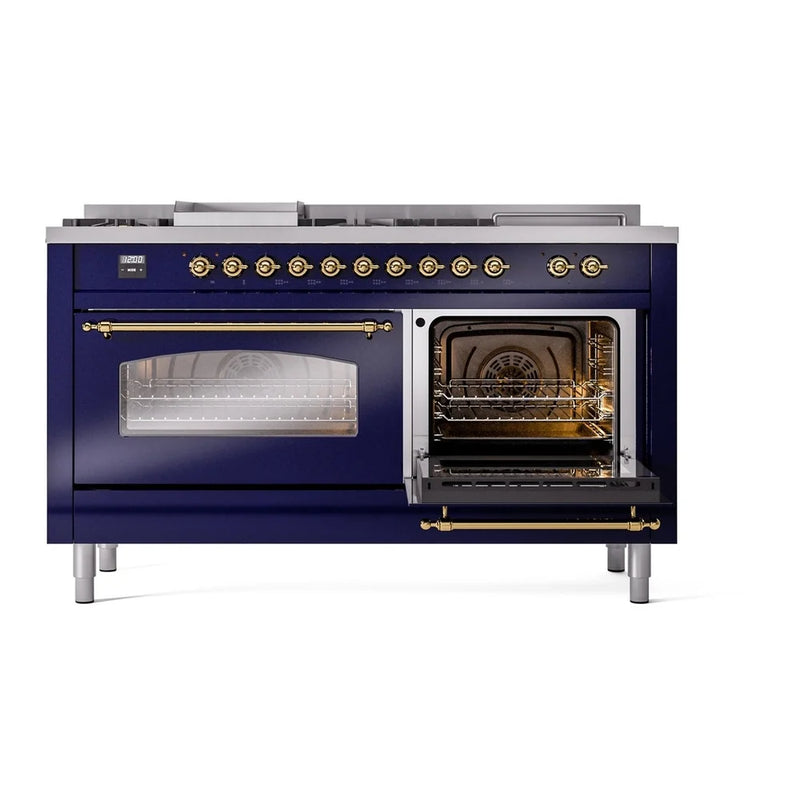 ILVE Nostalgie II 60" Dual Fuel Freestanding Range in Midnight Blue with Brass Trim, UP60FSNMPMBGLP