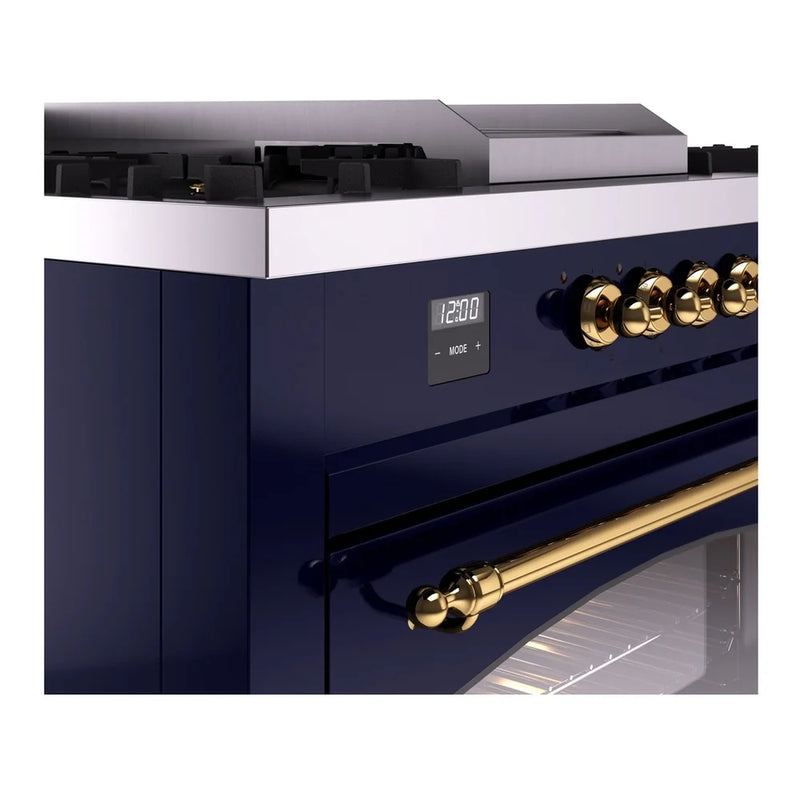 ILVE Nostalgie II 60" Dual Fuel Freestanding Range in Midnight Blue with Brass Trim, UP60FSNMPMBGLP
