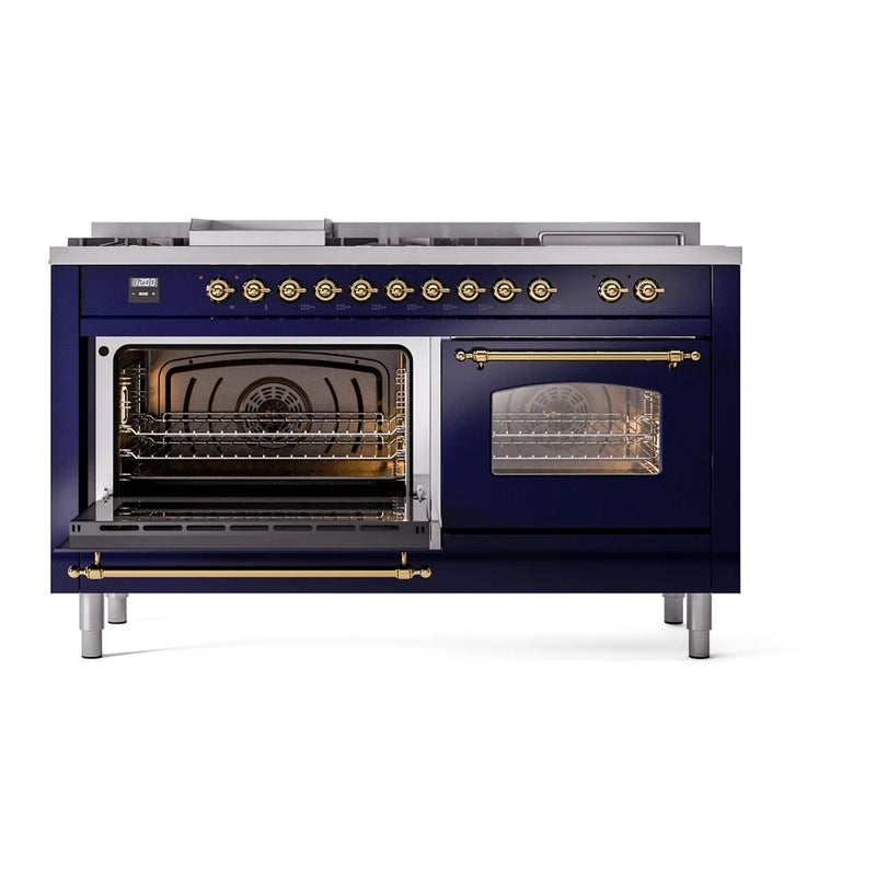 ILVE Nostalgie II 60" Dual Fuel Freestanding Range in Midnight Blue with Brass Trim, UP60FSNMPMBG