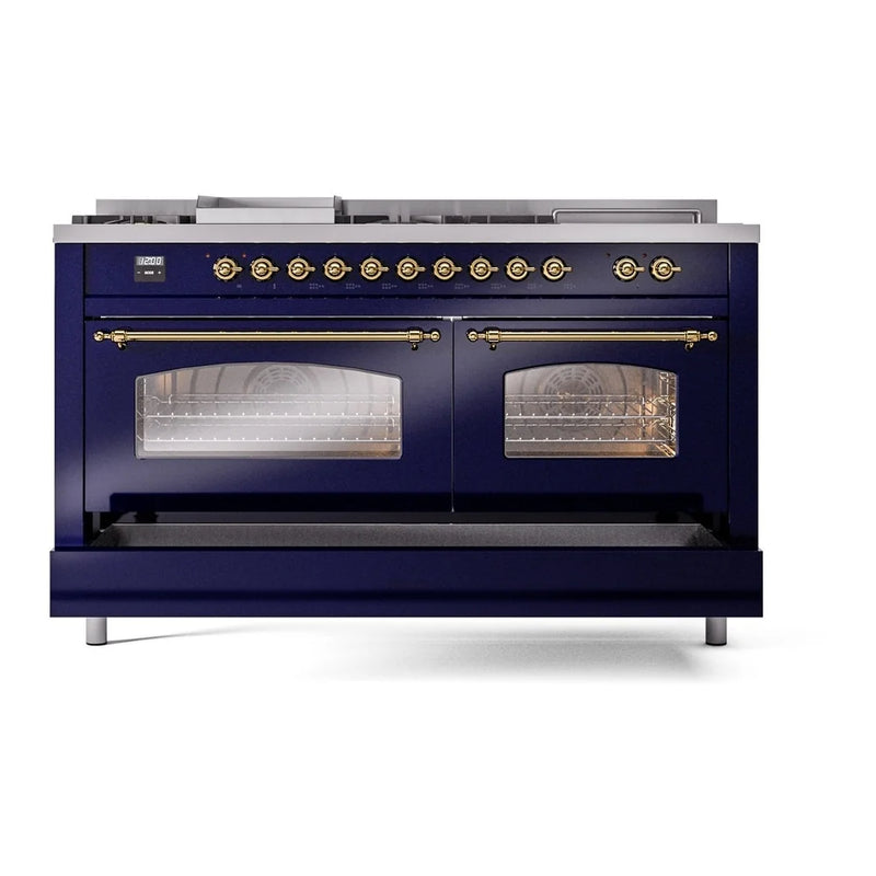 ILVE Nostalgie II 60" Dual Fuel Freestanding Range in Midnight Blue with Brass Trim, UP60FSNMPMBG
