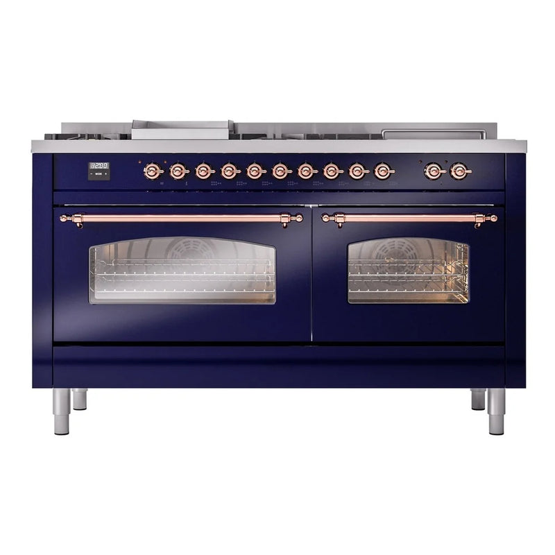 ILVE Nostalgie II 60" Dual Fuel Freestanding Range in Midnight Blue with Copper Trim, UP60FSNMPMBPLP