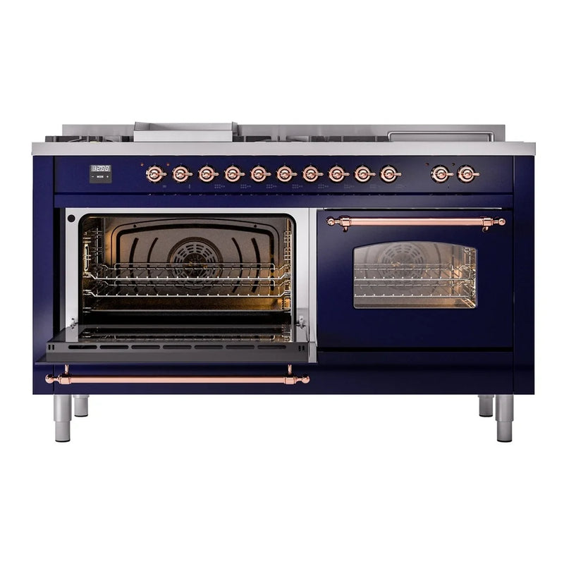 ILVE Nostalgie II 60" Dual Fuel Freestanding Range in Midnight Blue with Copper Trim, UP60FSNMPMBPLP