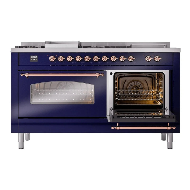 ILVE Nostalgie II 60" Dual Fuel Freestanding Range in Midnight Blue with Copper Trim, UP60FSNMPMBPLP