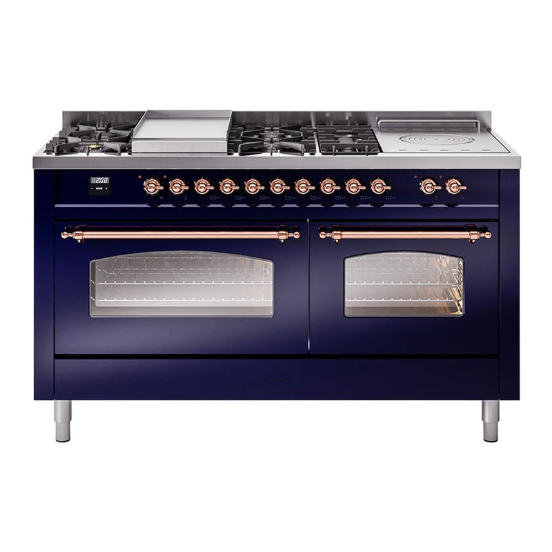 ILVE Nostalgie II 60" Dual Fuel Freestanding Range in Midnight Blue with Copper Trim, UP60FSNMPMBP