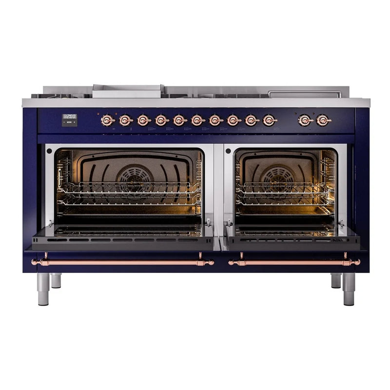 ILVE Nostalgie II 60" Dual Fuel Freestanding Range in Midnight Blue with Copper Trim, UP60FSNMPMBP