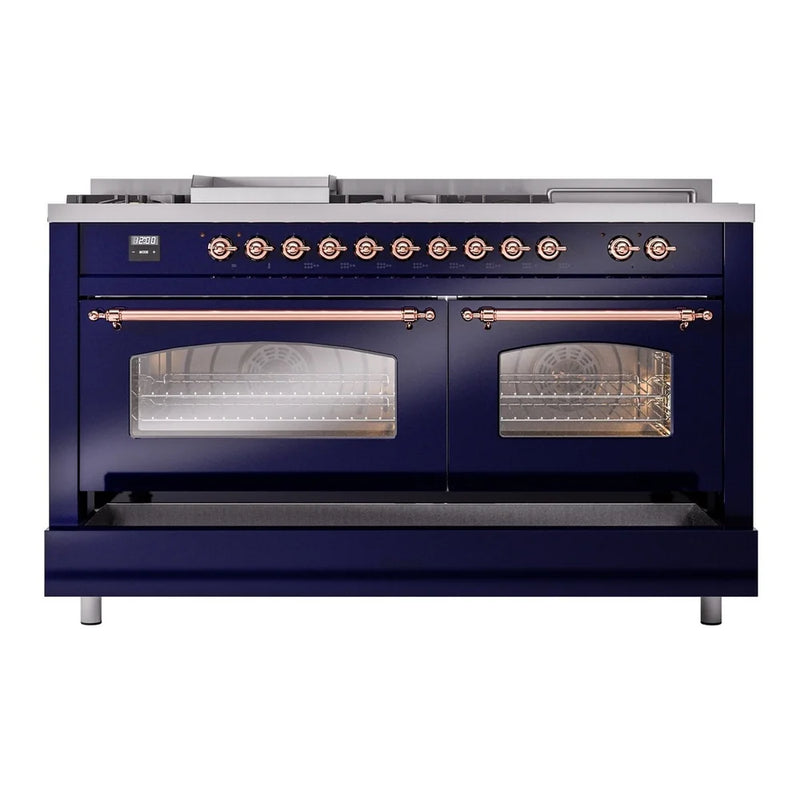 ILVE Nostalgie II 60" Dual Fuel Freestanding Range in Midnight Blue with Copper Trim, UP60FSNMPMBP