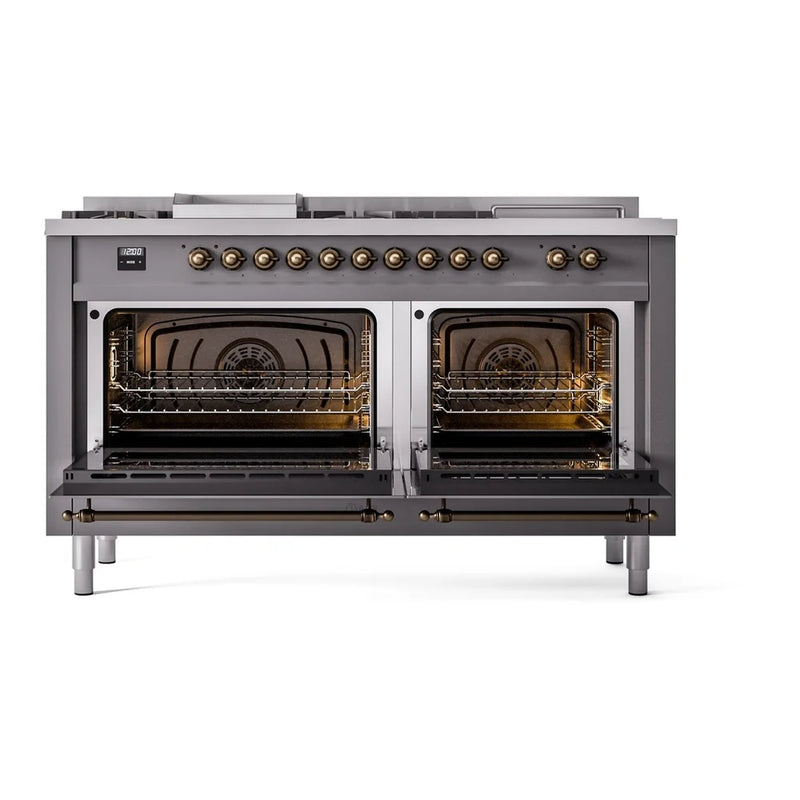 ILVE Nostalgie II 60" Dual Fuel Freestanding Range in Graphite Matte with Burnished Trim, UP60FSNMPMGBLP