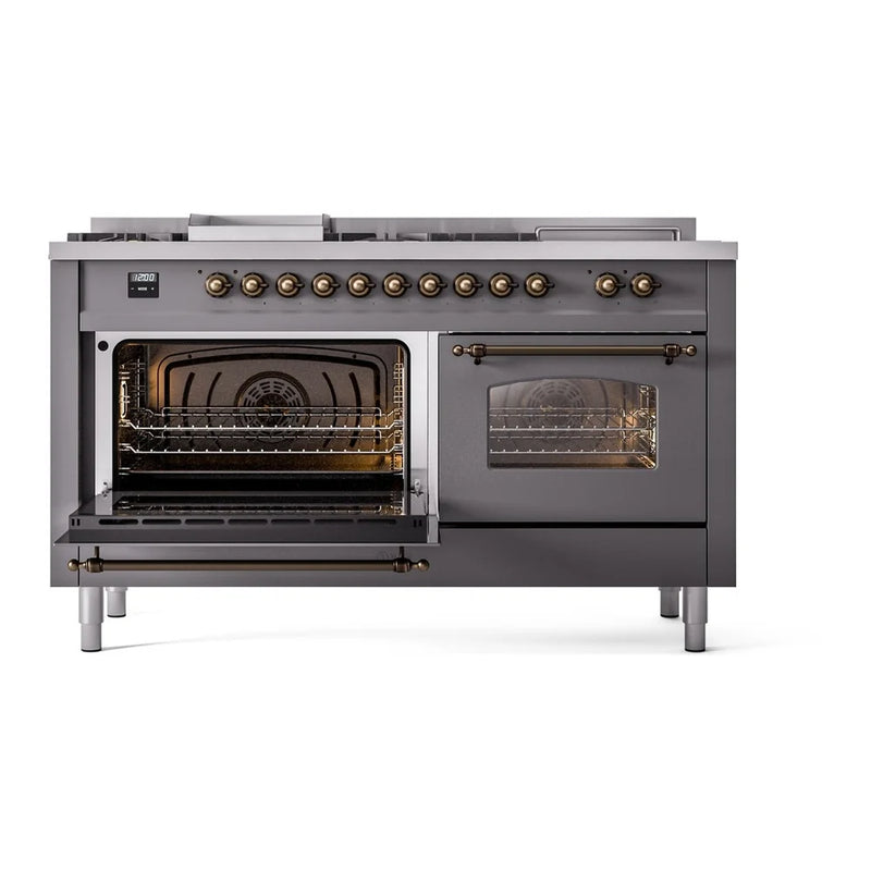 ILVE Nostalgie II 60" Dual Fuel Freestanding Range in Graphite Matte with Burnished Trim, UP60FSNMPMGBLP