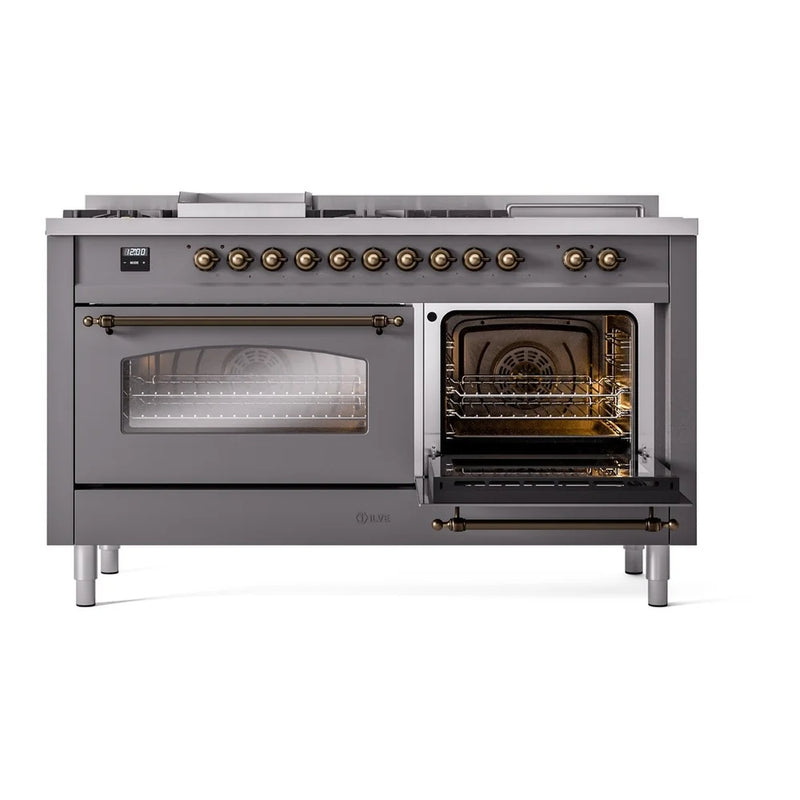 ILVE Nostalgie II 60" Dual Fuel Freestanding Range in Graphite Matte with Burnished Trim, UP60FSNMPMGBLP
