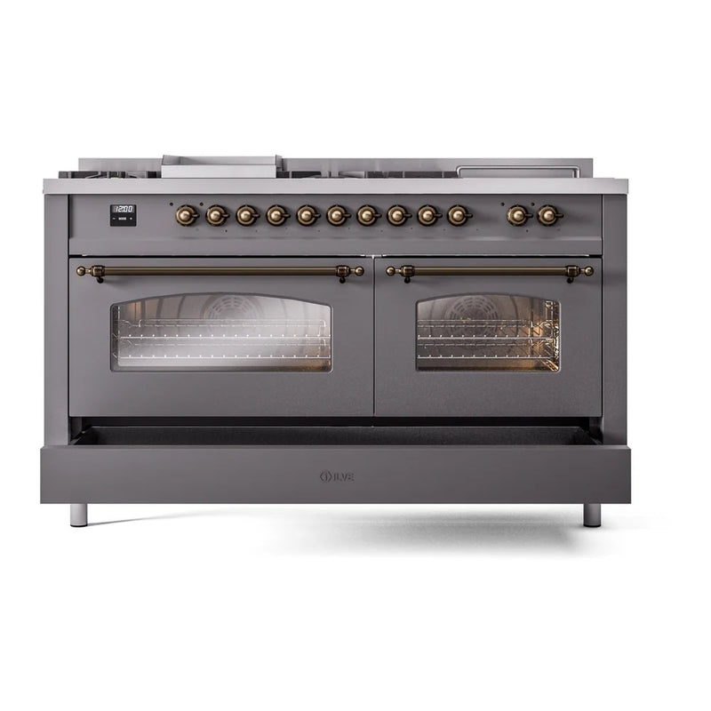 ILVE Nostalgie II 60" Dual Fuel Freestanding Range in Graphite Matte with Burnished Trim, UP60FSNMPMGBLP