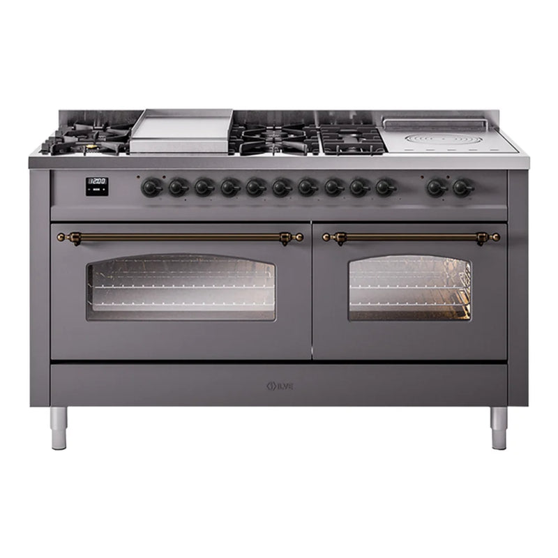 ILVE Nostalgie II 60" Dual Fuel Freestanding Range in Graphite Matte with Burnished Trim, UP60FSNMPMGB