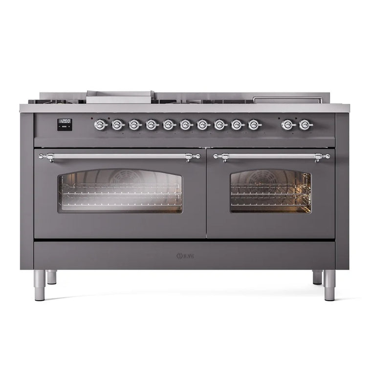 ILVE Nostalgie II 60" Dual Fuel Freestanding Range in Graphite Matte with Chrome Trim, UP60FSNMPMGCLP