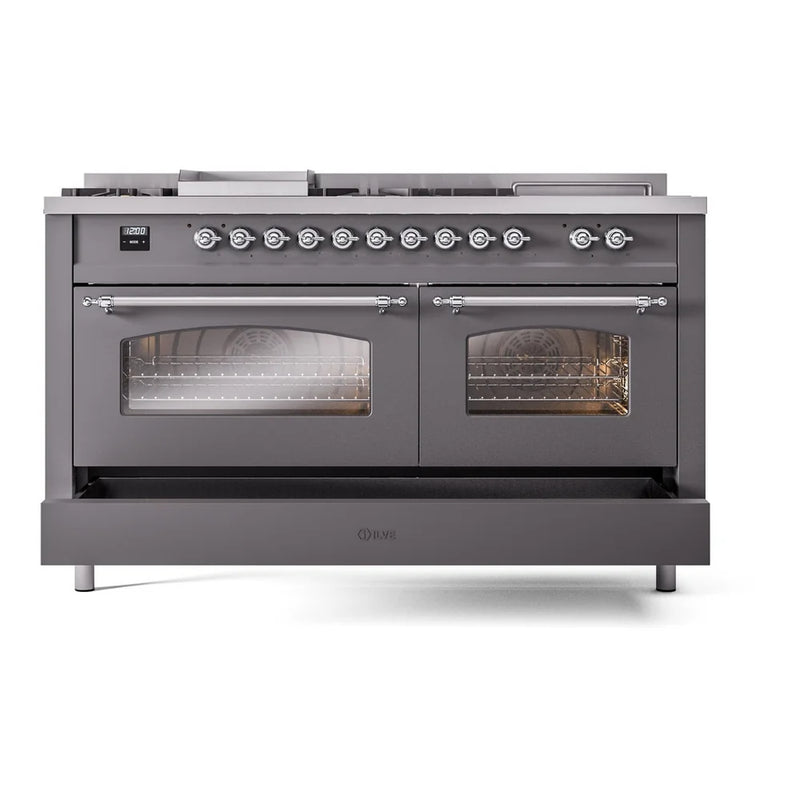 ILVE Nostalgie II 60" Dual Fuel Freestanding Range in Graphite Matte with Chrome Trim, UP60FSNMPMGCLP
