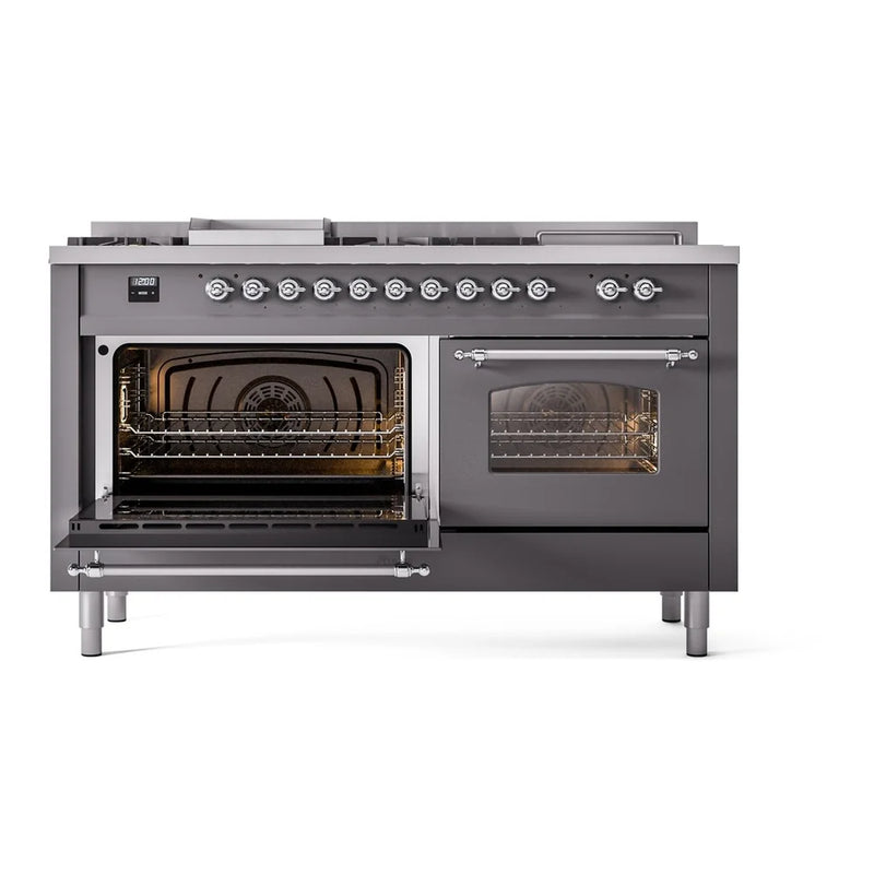 ILVE Nostalgie II 60" Dual Fuel Freestanding Range in Graphite Matte with Chrome Trim, UP60FSNMPMGC