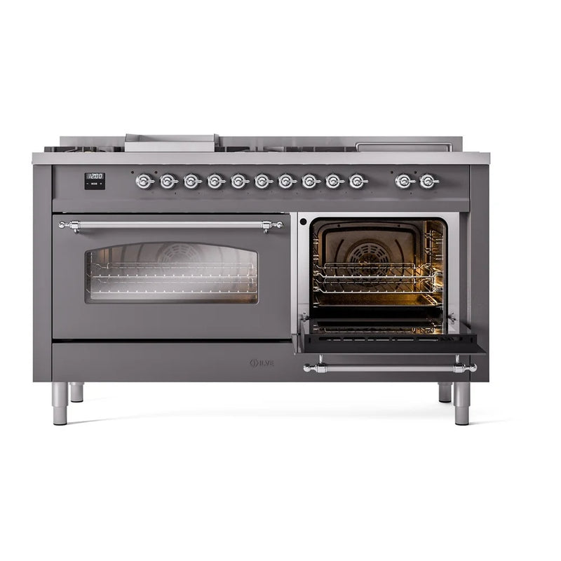 ILVE Nostalgie II 60" Dual Fuel Freestanding Range in Graphite Matte with Chrome Trim, UP60FSNMPMGC
