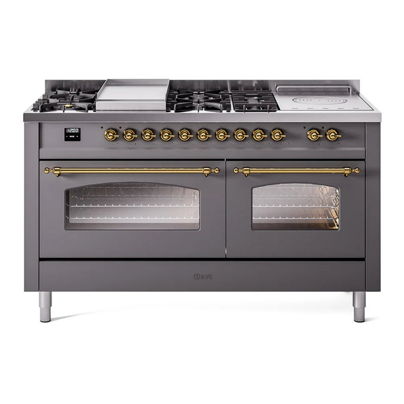 ILVE Nostalgie II 60" Dual Fuel Freestanding Range in Graphite Matte with Brass Trim, UP60FSNMPMGGLP