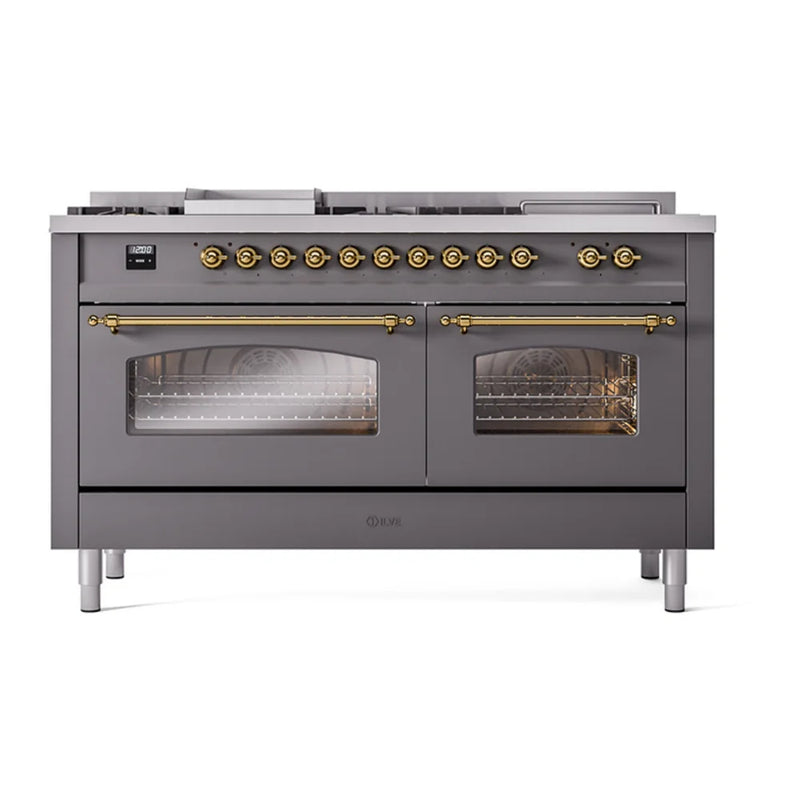 ILVE Nostalgie II 60" Dual Fuel Freestanding Range in Graphite Matte with Brass Trim, UP60FSNMPMGGLP