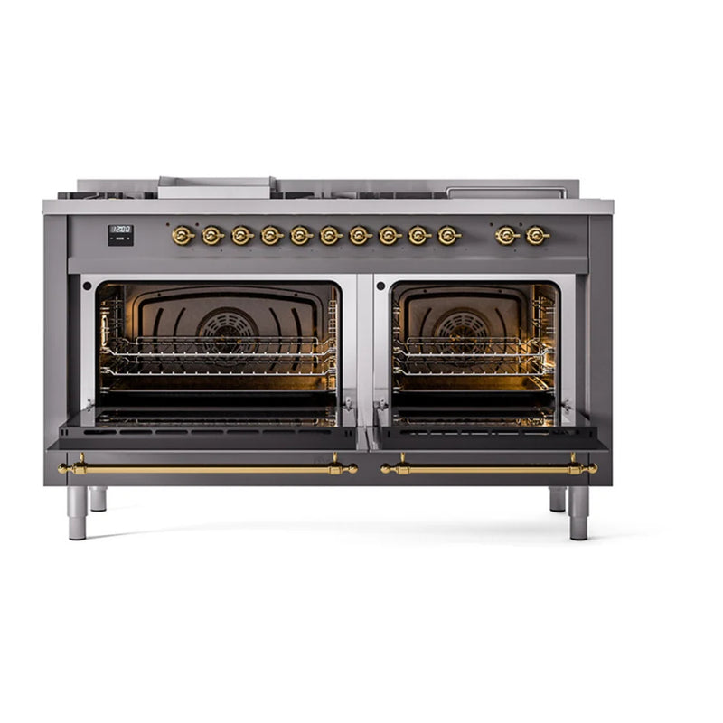 ILVE Nostalgie II 60" Dual Fuel Freestanding Range in Graphite Matte with Brass Trim, UP60FSNMPMGGLP