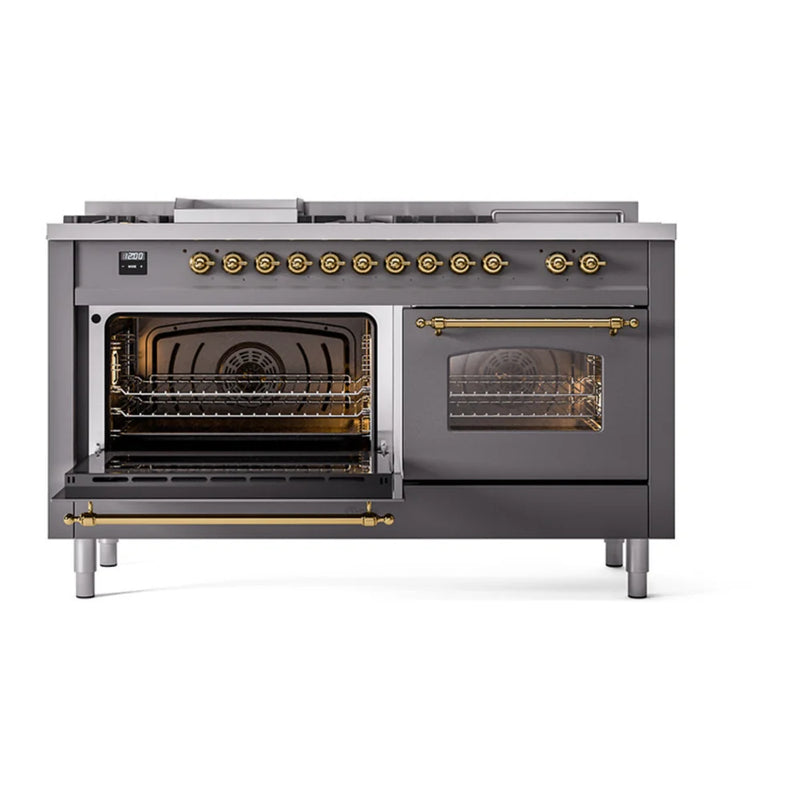 ILVE Nostalgie II 60" Dual Fuel Freestanding Range in Graphite Matte with Brass Trim, UP60FSNMPMGGLP