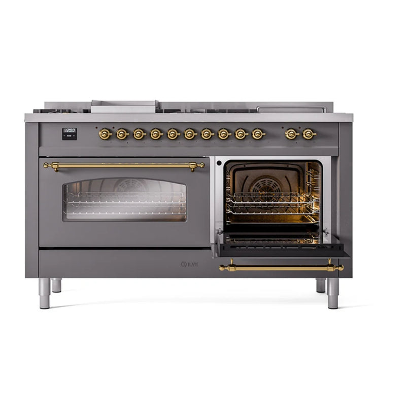 ILVE Nostalgie II 60" Dual Fuel Freestanding Range in Graphite Matte with Brass Trim, UP60FSNMPMGGLP