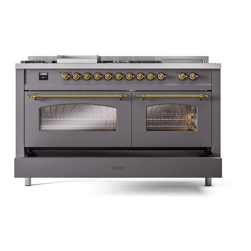 ILVE Nostalgie II 60" Dual Fuel Freestanding Range in Graphite Matte with Brass Trim, UP60FSNMPMGGLP